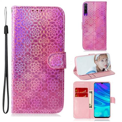 Laser Circle Shining Leather Wallet Phone Case for Huawei Honor 9X Pro - Pink
