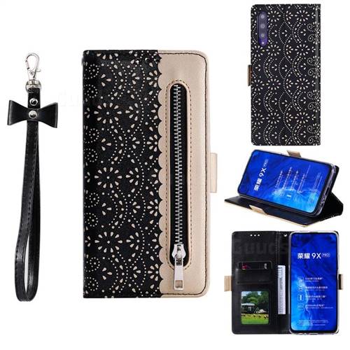 Luxury Lace Zipper Stitching Leather Phone Wallet Case for Huawei Honor 9X Pro - Black
