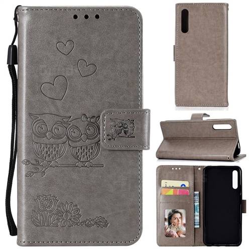 Embossing Owl Couple Flower Leather Wallet Case for Huawei Honor 9X Pro - Gray