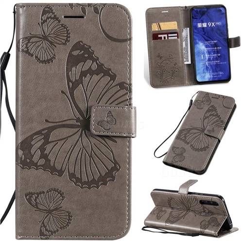 Embossing 3D Butterfly Leather Wallet Case for Huawei Honor 9X Pro - Gray