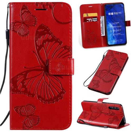 Embossing 3D Butterfly Leather Wallet Case for Huawei Honor 9X Pro - Red