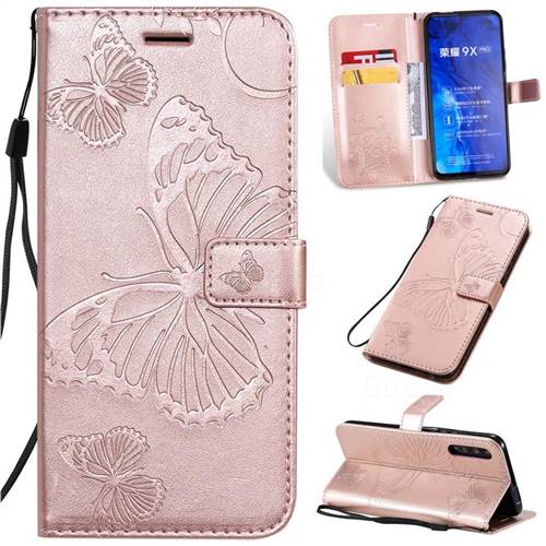 Embossing 3D Butterfly Leather Wallet Case for Huawei Honor 9X Pro - Rose Gold