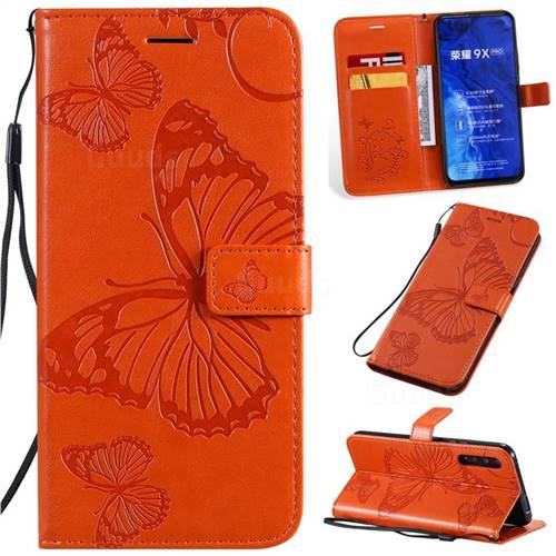 Embossing 3D Butterfly Leather Wallet Case for Huawei Honor 9X Pro - Orange