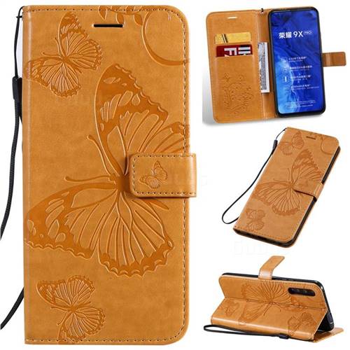 Embossing 3D Butterfly Leather Wallet Case for Huawei Honor 9X Pro - Yellow