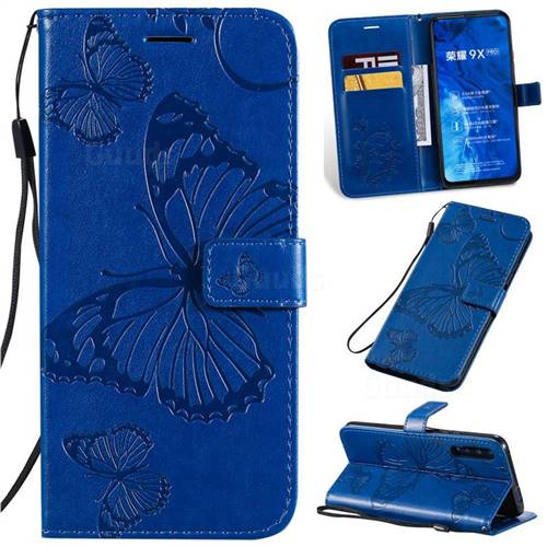 Embossing 3D Butterfly Leather Wallet Case for Huawei Honor 9X Pro - Blue