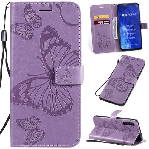 Embossing 3D Butterfly Leather Wallet Case for Huawei Honor 9X Pro - Purple