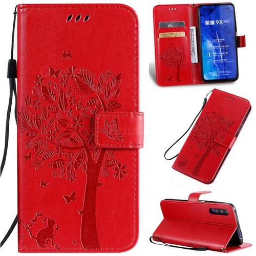 Embossing Butterfly Tree Leather Wallet Case for Huawei Honor 9X Pro - Red