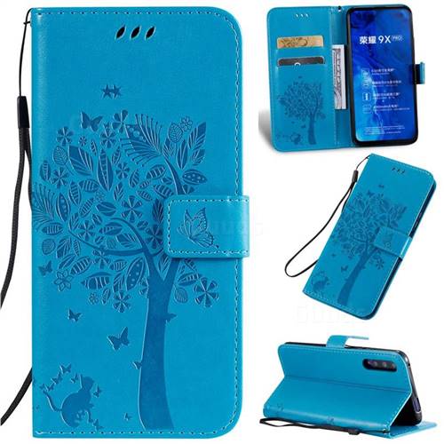Embossing Butterfly Tree Leather Wallet Case for Huawei Honor 9X Pro - Blue