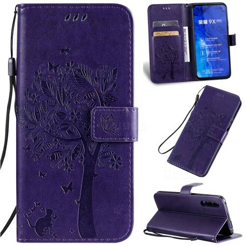 Embossing Butterfly Tree Leather Wallet Case for Huawei Honor 9X Pro - Purple