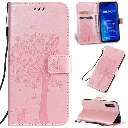 Embossing Butterfly Tree Leather Wallet Case for Huawei Honor 9X Pro - Rose Pink