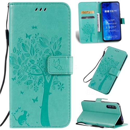Embossing Butterfly Tree Leather Wallet Case for Huawei Honor 9X Pro - Cyan