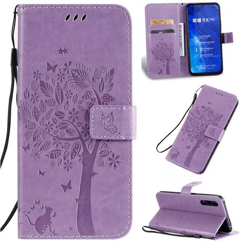 Embossing Butterfly Tree Leather Wallet Case for Huawei Honor 9X Pro - Violet