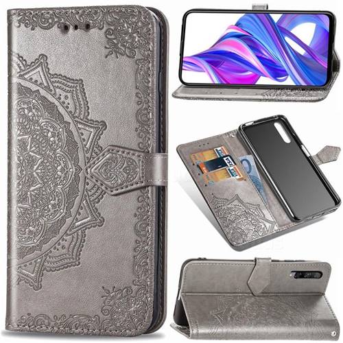 Embossing Imprint Mandala Flower Leather Wallet Case for Huawei Honor 9X Pro - Gray