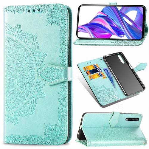 Embossing Imprint Mandala Flower Leather Wallet Case for Huawei Honor 9X Pro - Green