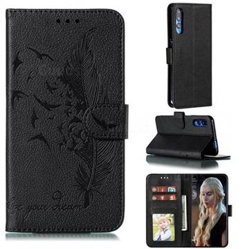 Intricate Embossing Lychee Feather Bird Leather Wallet Case for Huawei Honor 9X Pro - Black