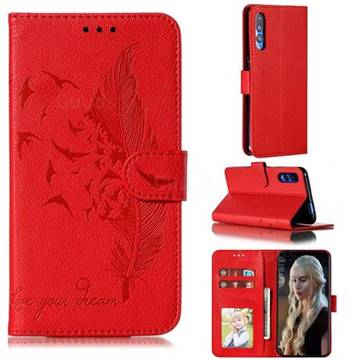 Intricate Embossing Lychee Feather Bird Leather Wallet Case for Huawei Honor 9X Pro - Red