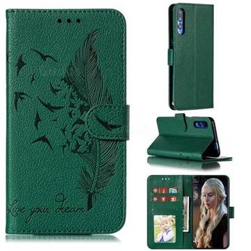 Intricate Embossing Lychee Feather Bird Leather Wallet Case for Huawei Honor 9X Pro - Green