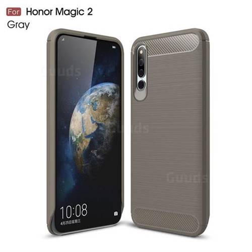 Luxury Carbon Fiber Brushed Wire Drawing Silicone TPU Back Cover for Huawei Honor Magic 2 - Gray