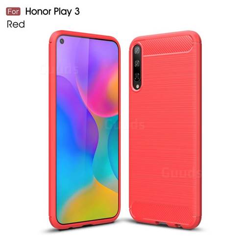 Luxury Carbon Fiber Brushed Wire Drawing Silicone TPU Back Cover for Huawei Honor Play 3 - Red