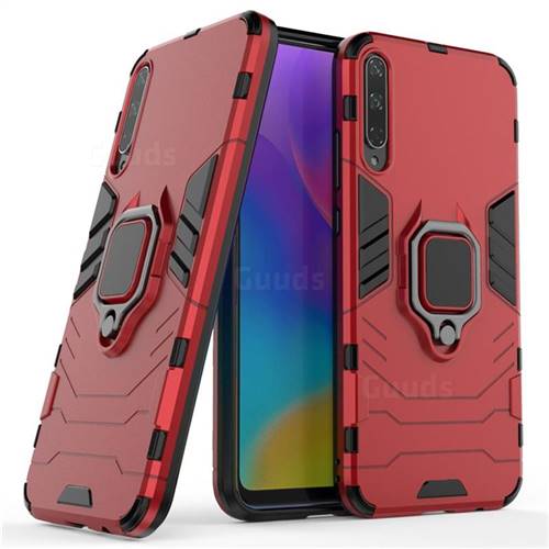 Black Panther Armor Metal Ring Grip Shockproof Dual Layer Rugged Hard Cover for Huawei Honor Play 3 - Red