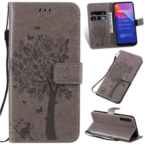 Embossing Butterfly Tree Leather Wallet Case for Huawei Honor Play 3 - Grey