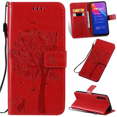 Embossing Butterfly Tree Leather Wallet Case for Huawei Honor Play 3 - Red
