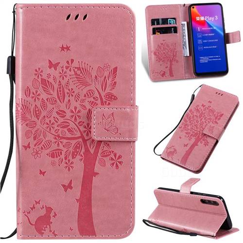 Embossing Butterfly Tree Leather Wallet Case for Huawei Honor Play 3 - Pink