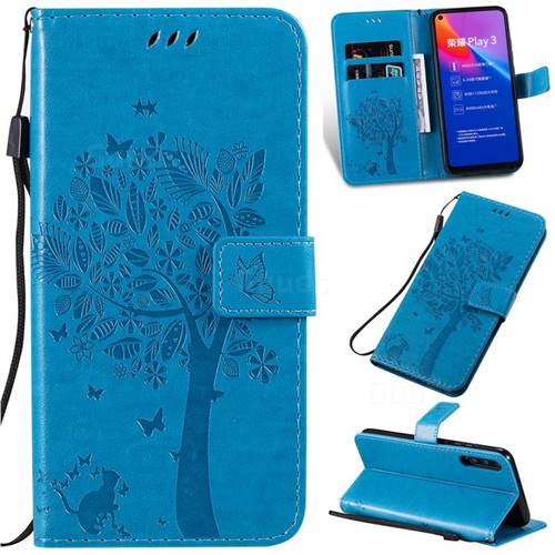Embossing Butterfly Tree Leather Wallet Case for Huawei Honor Play 3 - Blue