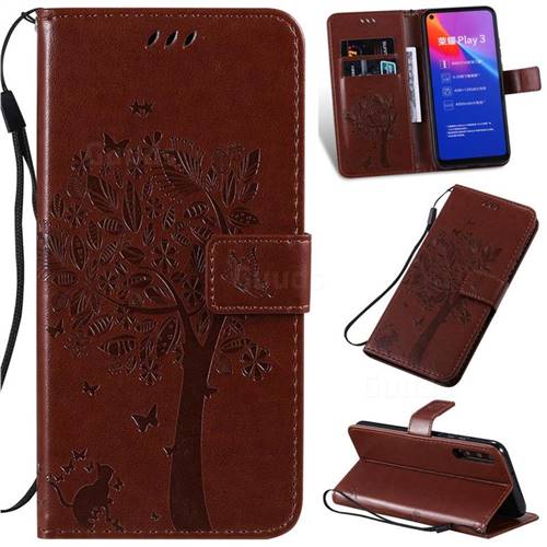 Embossing Butterfly Tree Leather Wallet Case for Huawei Honor Play 3 - Coffee