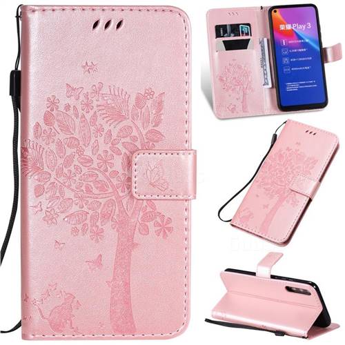 Embossing Butterfly Tree Leather Wallet Case for Huawei Honor Play 3 - Rose Pink