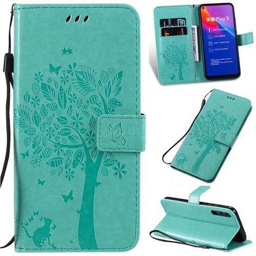 Embossing Butterfly Tree Leather Wallet Case for Huawei Honor Play 3 - Cyan