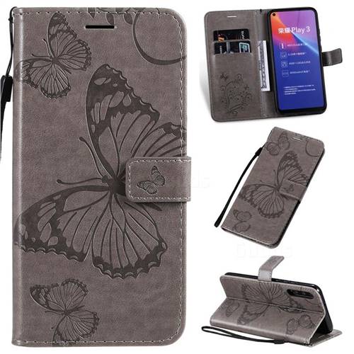 Embossing 3D Butterfly Leather Wallet Case for Huawei Honor Play 3 - Gray