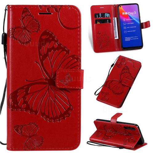 Embossing 3D Butterfly Leather Wallet Case for Huawei Honor Play 3 - Red