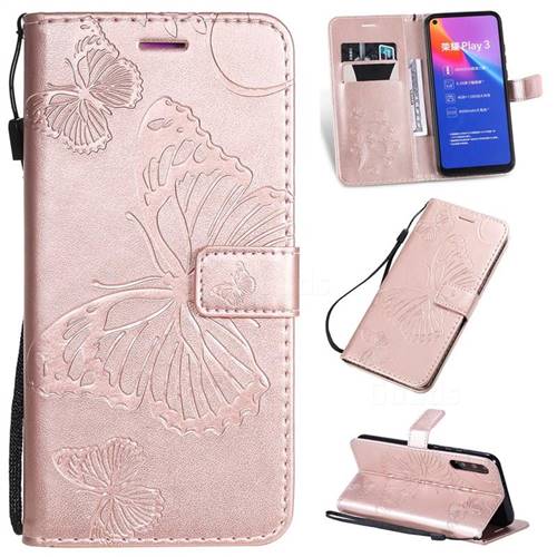 Embossing 3D Butterfly Leather Wallet Case for Huawei Honor Play 3 - Rose Gold
