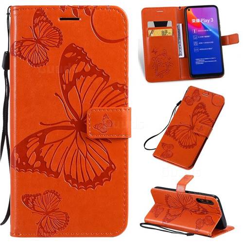 Embossing 3D Butterfly Leather Wallet Case for Huawei Honor Play 3 - Orange