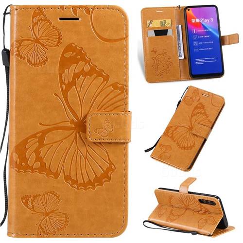 Embossing 3D Butterfly Leather Wallet Case for Huawei Honor Play 3 - Yellow