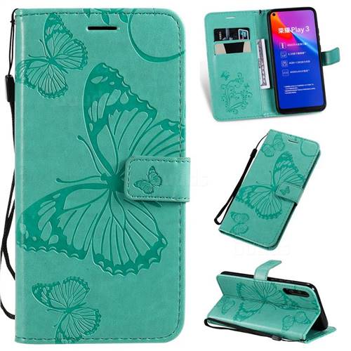 Embossing 3D Butterfly Leather Wallet Case for Huawei Honor Play 3 - Green