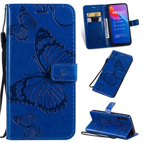 Embossing 3D Butterfly Leather Wallet Case for Huawei Honor Play 3 - Blue