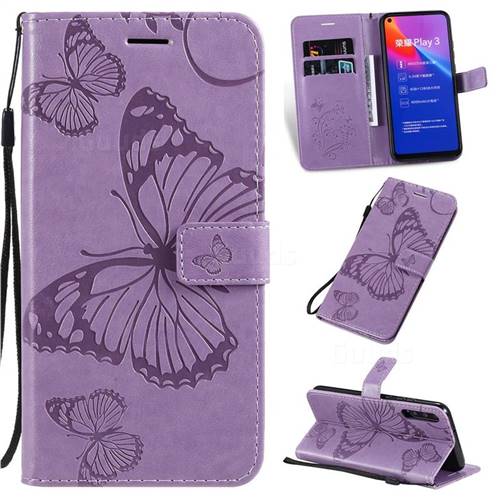 Embossing 3D Butterfly Leather Wallet Case for Huawei Honor Play 3 - Purple