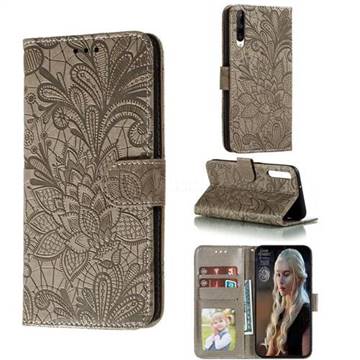 Intricate Embossing Lace Jasmine Flower Leather Wallet Case for Huawei Honor Play 3 - Gray