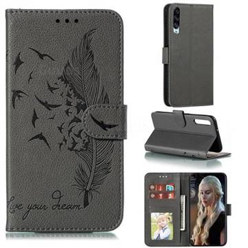 Intricate Embossing Lychee Feather Bird Leather Wallet Case for Huawei Honor Play 3 - Gray