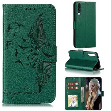 Intricate Embossing Lychee Feather Bird Leather Wallet Case for Huawei Honor Play 3 - Green