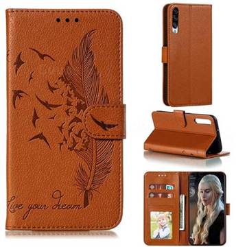 Intricate Embossing Lychee Feather Bird Leather Wallet Case for Huawei Honor Play 3 - Brown