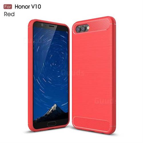 Luxury Carbon Fiber Brushed Wire Drawing Silicone TPU Back Cover for Huawei Honor View 10 (V10) - Red
