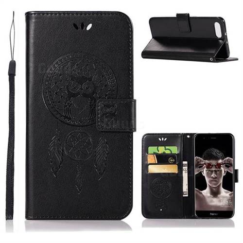 Intricate Embossing Owl Campanula Leather Wallet Case for Huawei Honor View 10 (V10) - Black
