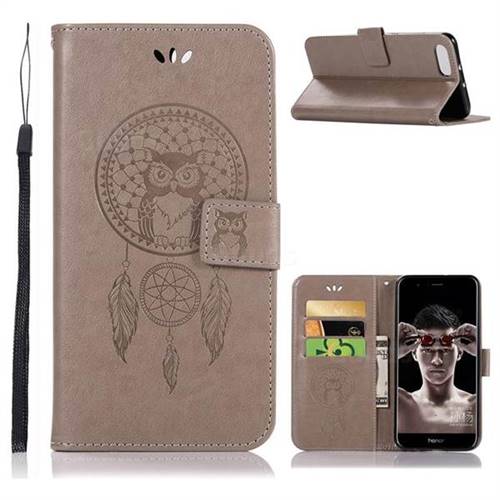 Intricate Embossing Owl Campanula Leather Wallet Case for Huawei Honor View 10 (V10) - Grey