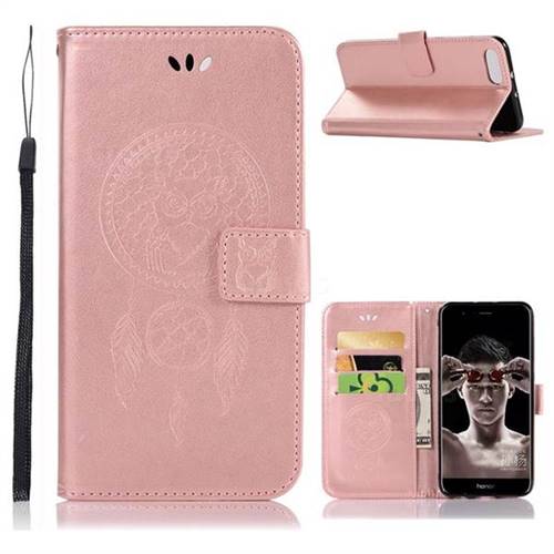 Intricate Embossing Owl Campanula Leather Wallet Case for Huawei Honor View 10 (V10) - Rose Gold