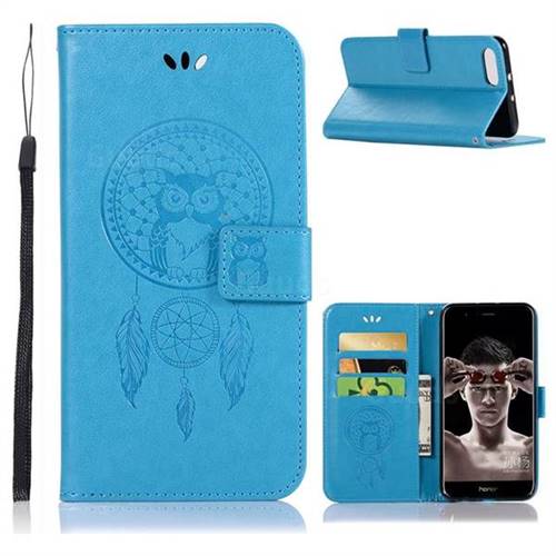 Intricate Embossing Owl Campanula Leather Wallet Case for Huawei Honor View 10 (V10) - Blue