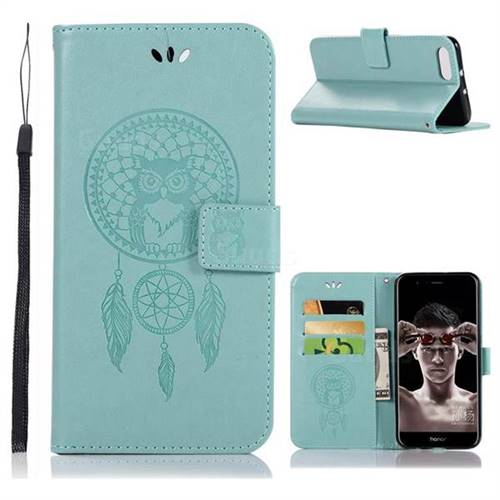 Intricate Embossing Owl Campanula Leather Wallet Case for Huawei Honor View 10 (V10) - Green