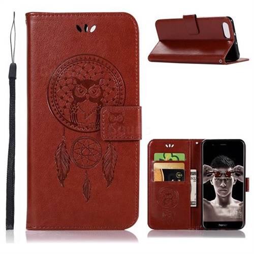 Intricate Embossing Owl Campanula Leather Wallet Case for Huawei Honor View 10 (V10) - Brown